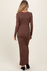 Mocha Ribbed Knit Long Sleeve Side Slit Maternity Maxi Dress