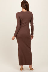 Mocha Ribbed Knit Long Sleeve Side Slit Maxi Dress