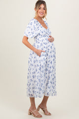 Blue Floral Smocked Bodice Maternity Midi Dress