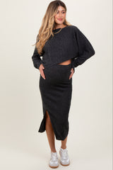 Charcoal Ribbed Knit Asymmetric Top Midi Skirt Maternity Set