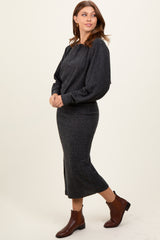 Charcoal Ribbed Knit Asymmetric Top Midi Skirt Set