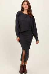 Charcoal Ribbed Knit Asymmetric Top Midi Skirt Set