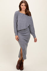 Heather Grey Ribbed Knit Asymmetric Top Midi Skirt Maternity Set