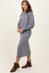 Heather Grey Ribbed Knit Asymmetric Top Midi Skirt Set