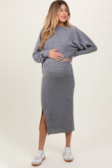 Heather Grey Ribbed Knit Asymmetric Top Midi Skirt Maternity Set