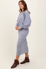 Light Grey Ribbed Knit Asymmetric Top Midi Skirt Set