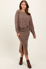 Mocha Ribbed Knit Asymmetric Top Midi Skirt Maternity Set