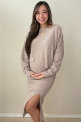 Beige Ribbed Knit Asymmetric Top Midi Skirt Maternity Set