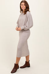 Beige Ribbed Knit Asymmetric Top Midi Skirt Set