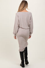 Beige Ribbed Knit Asymmetric Top Midi Skirt Maternity Set