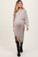 Beige Ribbed Knit Asymmetric Top Midi Skirt Maternity Set