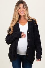 Black Waffle Knit Button Up Maternity Cardigan