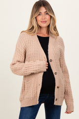 Beige Waffle Knit Button Up Maternity Cardigan