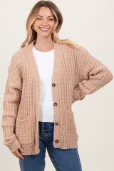 Beige Waffle Knit Button Up Maternity Cardigan