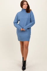 Blue Chunky Knit Turtleneck Maternity Mini Sweater Dress