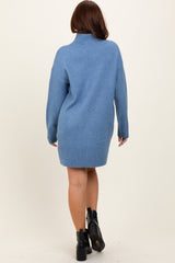 Blue Chunky Knit Turtleneck Mini Sweater Dress