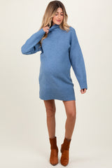 Blue Chunky Knit Turtleneck Maternity Mini Sweater Dress