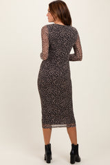 Black Leopard Print Mesh Long Sleeve Midi Dress