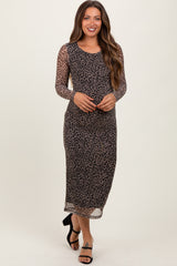 Black Leopard Print Mesh Long Sleeve Maternity Midi Dress