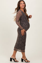 Black Leopard Print Mesh Long Sleeve Maternity Midi Dress