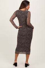 Black Leopard Print Mesh Long Sleeve Maternity Midi Dress