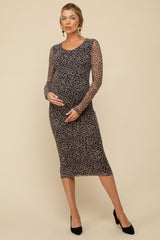 Black Leopard Print Mesh Long Sleeve Maternity Midi Dress