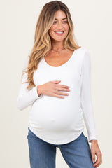 White Basic Scoop Neck Long Sleeve Maternity Top