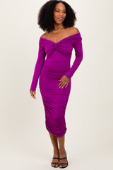 Purple Off Shoulder Ruched Long Sleeve Maternity Midi Dress