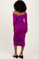 Purple Off Shoulder Ruched Long Sleeve Midi Dress