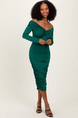 Green Off Shoulder Ruched Long Sleeve Maternity Midi Dress