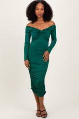 Green Off Shoulder Ruched Long Sleeve Midi Dress