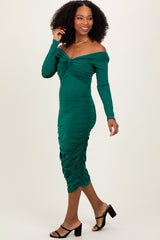 Green Off Shoulder Ruched Long Sleeve Midi Dress