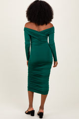 Green Off Shoulder Ruched Long Sleeve Midi Dress