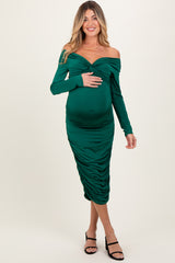 Green Off Shoulder Ruched Long Sleeve Maternity Midi Dress