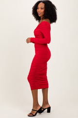 Red Off Shoulder Ruched Long Sleeve Midi Dress