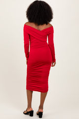 Red Off Shoulder Ruched Long Sleeve Midi Dress