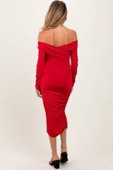 Red Off Shoulder Ruched Long Sleeve Maternity Midi Dress