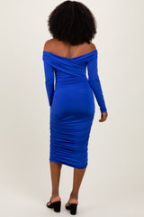 Royal Blue Off Shoulder Ruched Long Sleeve Midi Dress