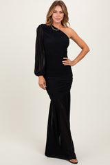 Black Ruched Mesh One Shoulder Asymmetric Maxi Dress