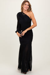 Black Ruched Mesh One Shoulder Asymmetric Maxi Dress