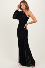 Black Ruched Mesh One Shoulder Asymmetric Maxi Dress