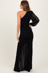 Black Ruched Mesh One Shoulder Asymmetric Maxi Dress