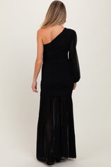 Black Ruched Mesh One Shoulder Asymmetric Maternity Maxi Dress