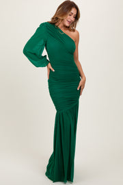 Forest Green Ruched Mesh One Shoulder Asymmetric Maxi Dress