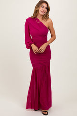 Magenta Ruched Mesh One Shoulder Asymmetric Maxi Dress