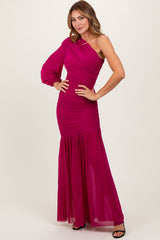 Magenta Ruched Mesh One Shoulder Asymmetric Maxi Dress