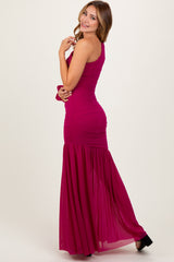 Magenta Ruched Mesh One Shoulder Asymmetric Maxi Dress