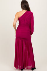 Magenta Ruched Mesh One Shoulder Asymmetric Maternity Maxi Dress