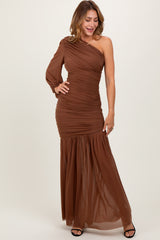 Mocha Ruched Mesh One Shoulder Asymmetric Maxi Dress