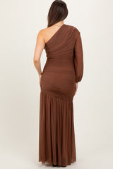 Mocha Ruched Mesh One Shoulder Asymmetric Maternity Maxi Dress